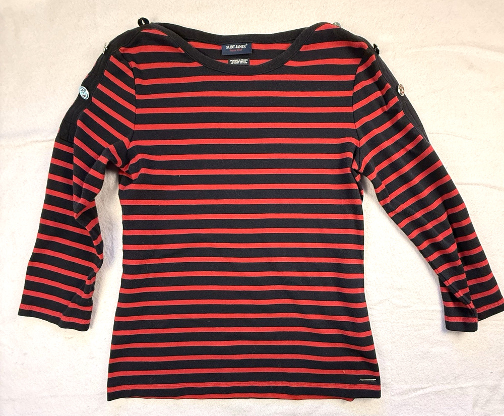 Saint James France Striped Button Shoulder Mariniere Top Red Black US 10 Nautica